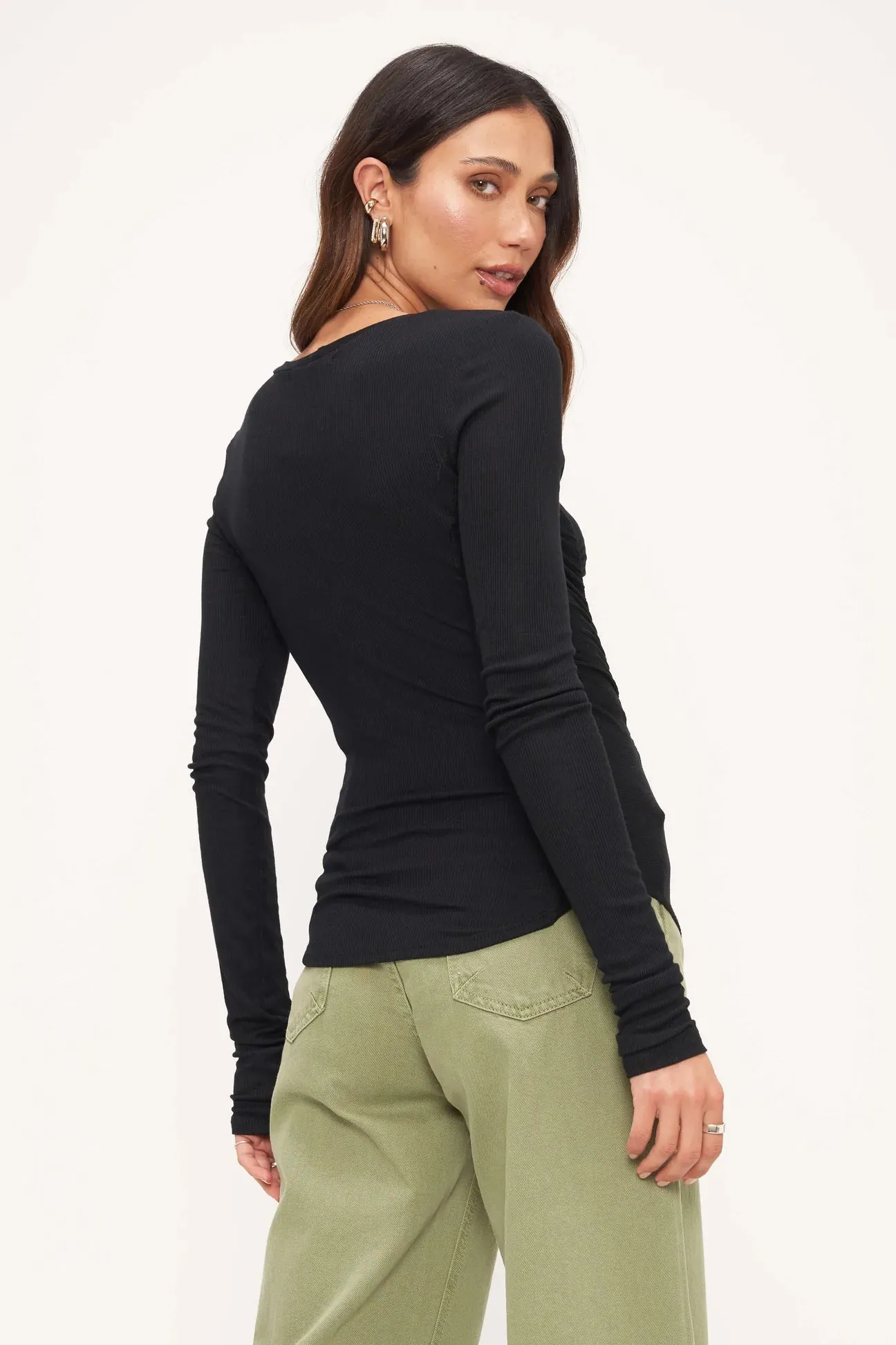 Project Social T Black Gillian Ruched V-Neck Rib Long Sleeve