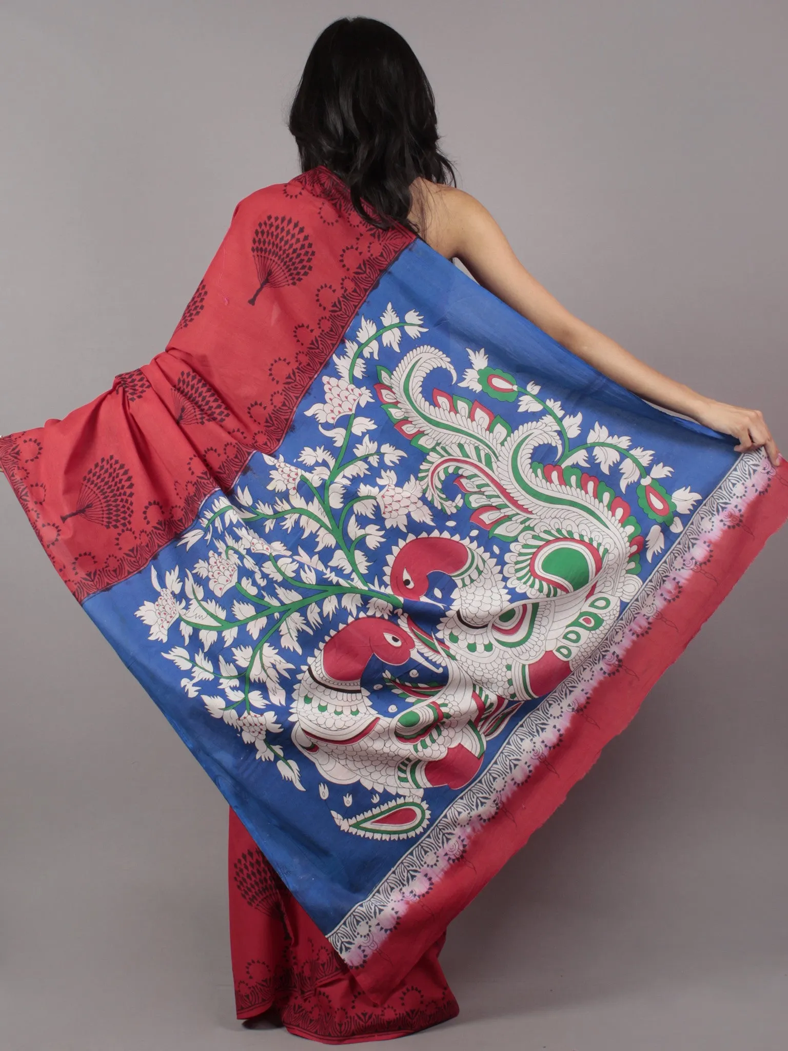 Scarlet Red Deep Indigo Hand Shibori Dyed Cotton Saree With Multi Color Kalamkari Printed Pallu - S031701708