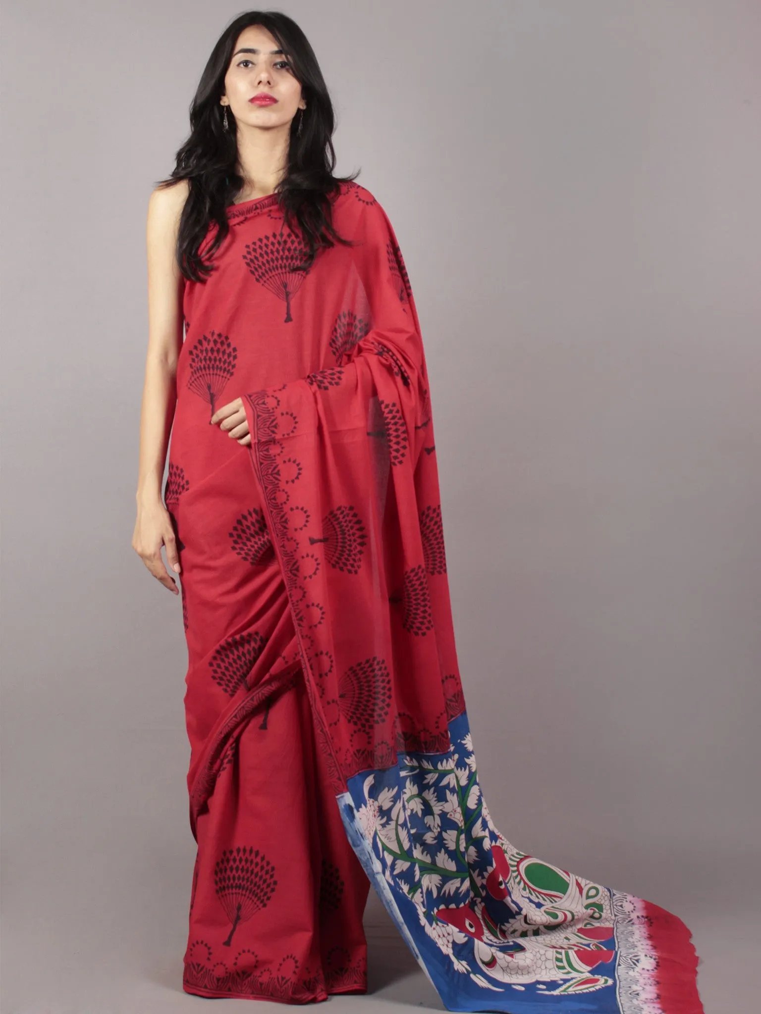 Scarlet Red Deep Indigo Hand Shibori Dyed Cotton Saree With Multi Color Kalamkari Printed Pallu - S031701708