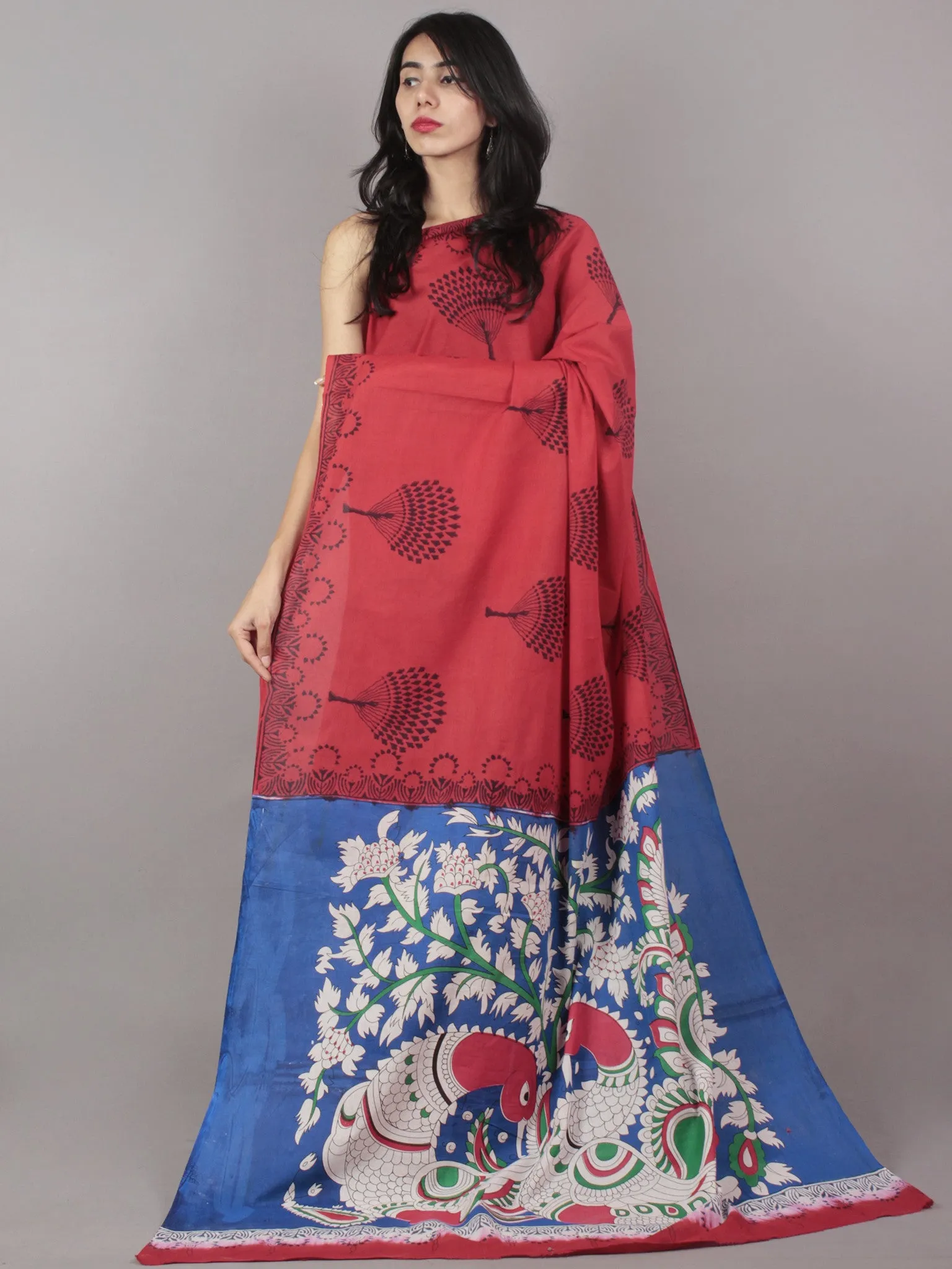 Scarlet Red Deep Indigo Hand Shibori Dyed Cotton Saree With Multi Color Kalamkari Printed Pallu - S031701708