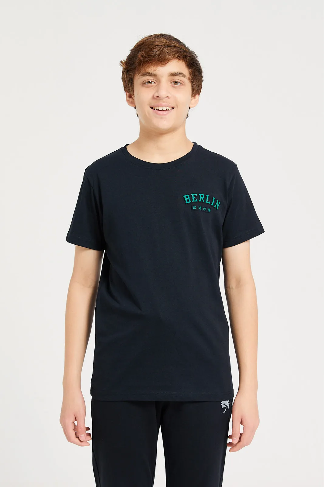 Senior Boys Black Lion Face Emboss T-Shirt