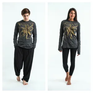 Unisex Octopus Long Sleeve T-Shirt in Gold on Black