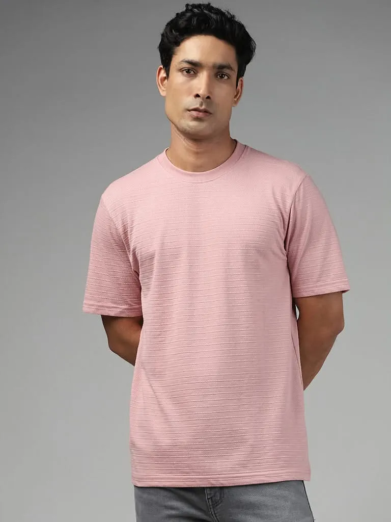 WES Lounge Dobby Patterned Dusty Pink Cotton Blend Relaxed-Fit T-Shirt