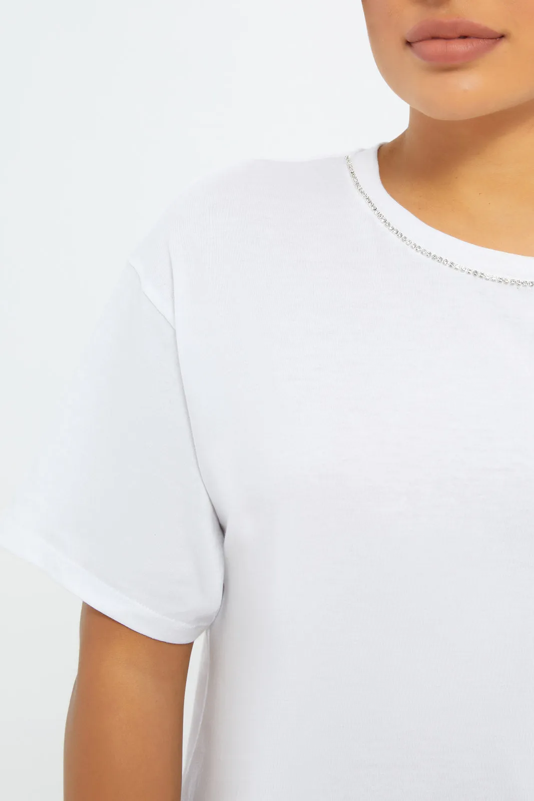 Women White Neck Embellishments T-Shirt