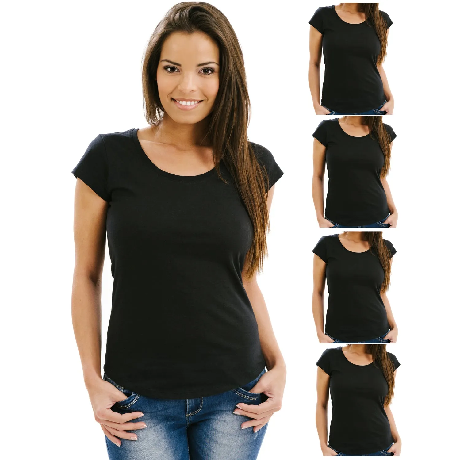 Women's 4 Pack Black, White, or Assorted Soft Fabric Solid Crew-Neck T-Shirt from Emprella