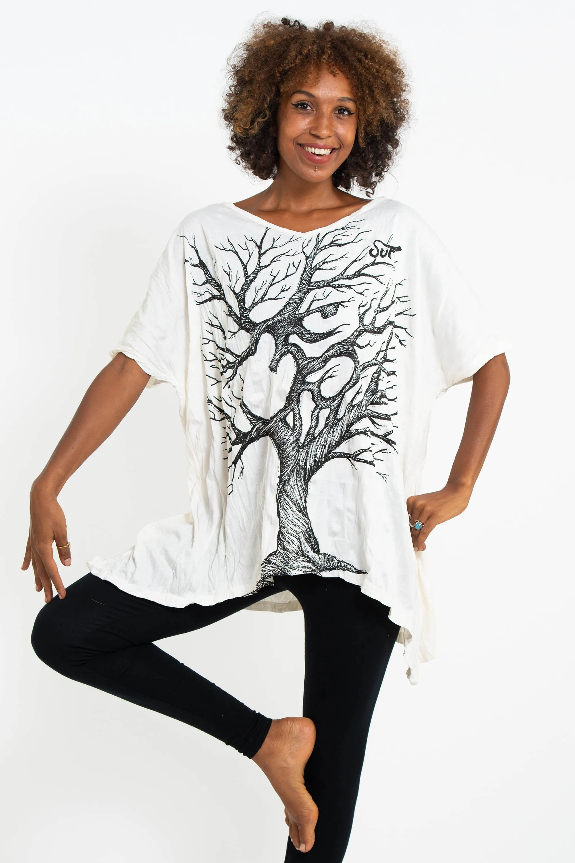 Womens Om Tree Loose V Neck T-Shirt in White