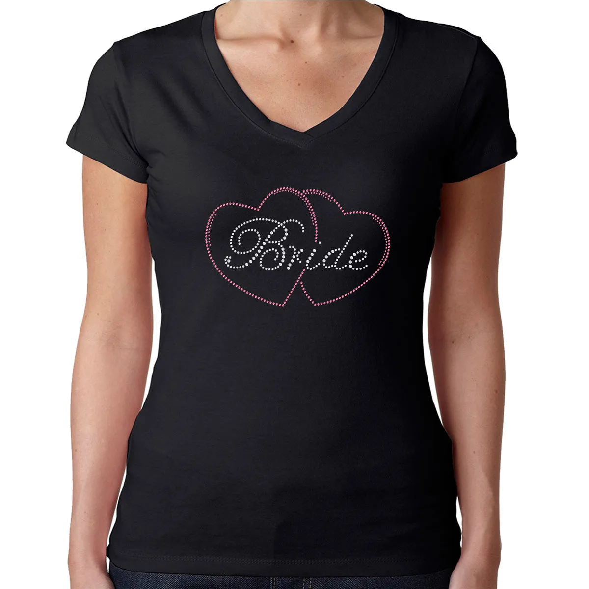 Womens T-Shirt Rhinestone Bling Black Fitted Tee Bride Pink Hearts Sparkle