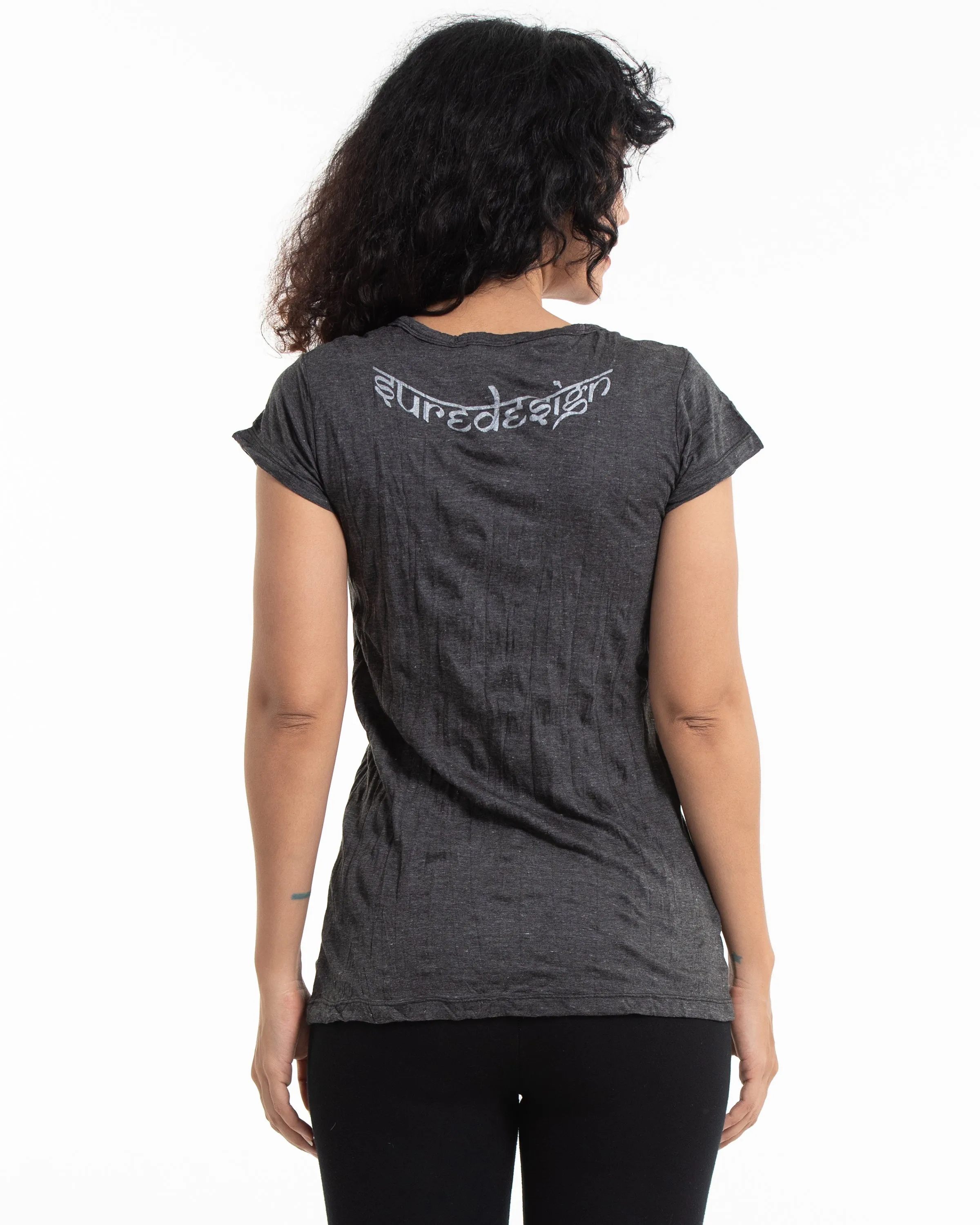 Womens Yoga Tree of Life T-Shirt in Silver on Black