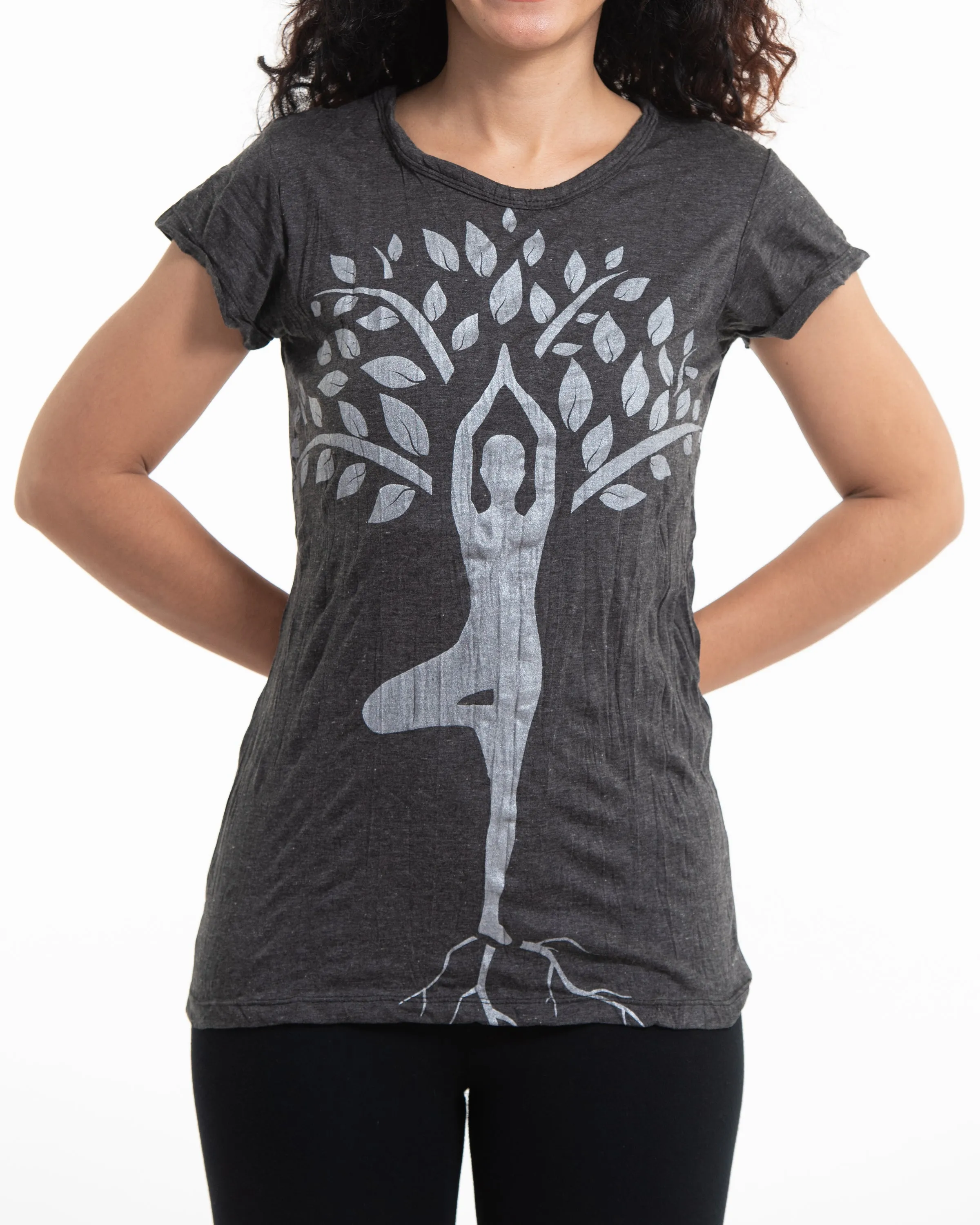 Womens Yoga Tree of Life T-Shirt in Silver on Black