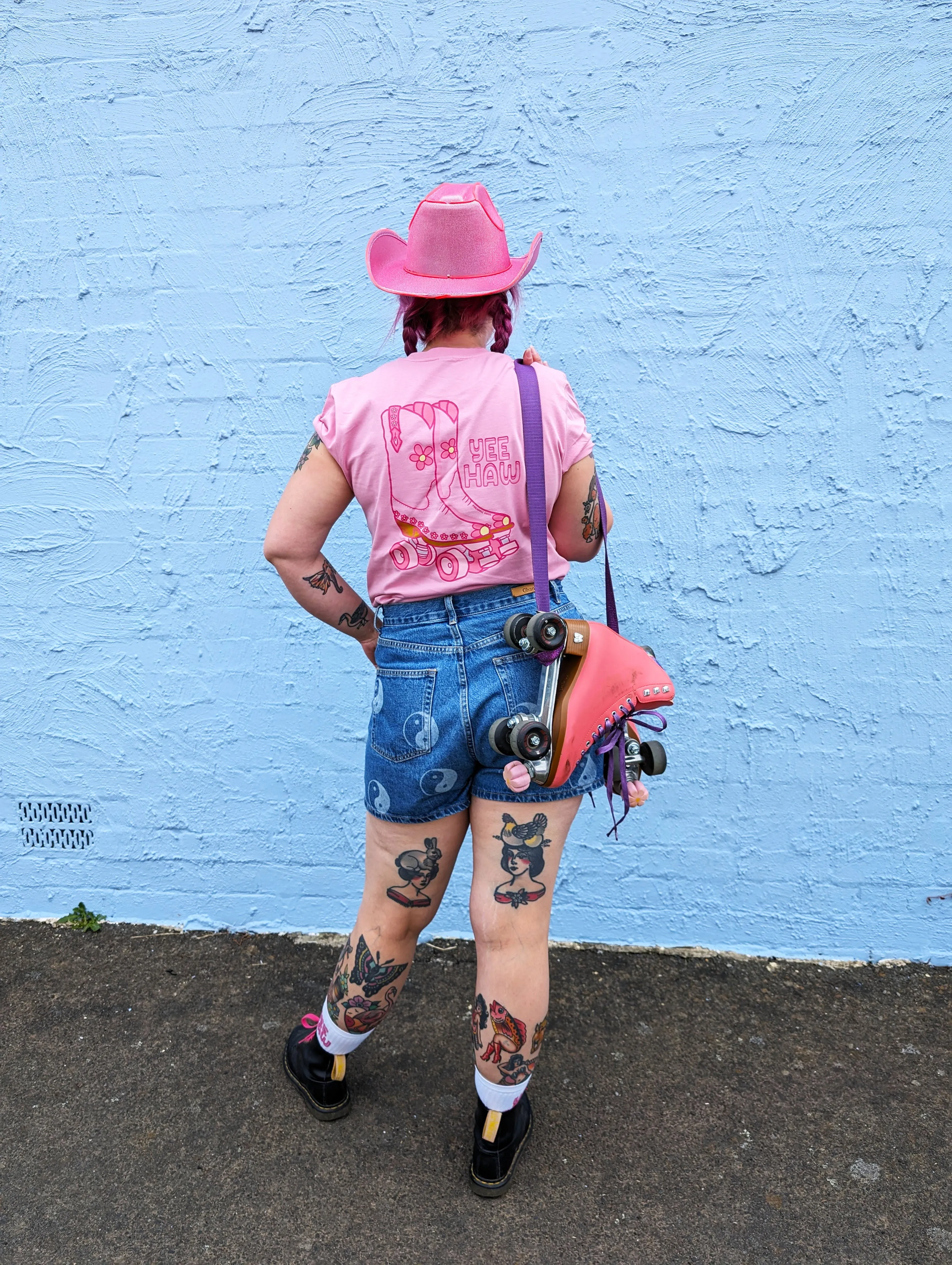 Yee Haw Rollerskate Cowboy Tee - AS Colour Bubble Gum Pink Shirt