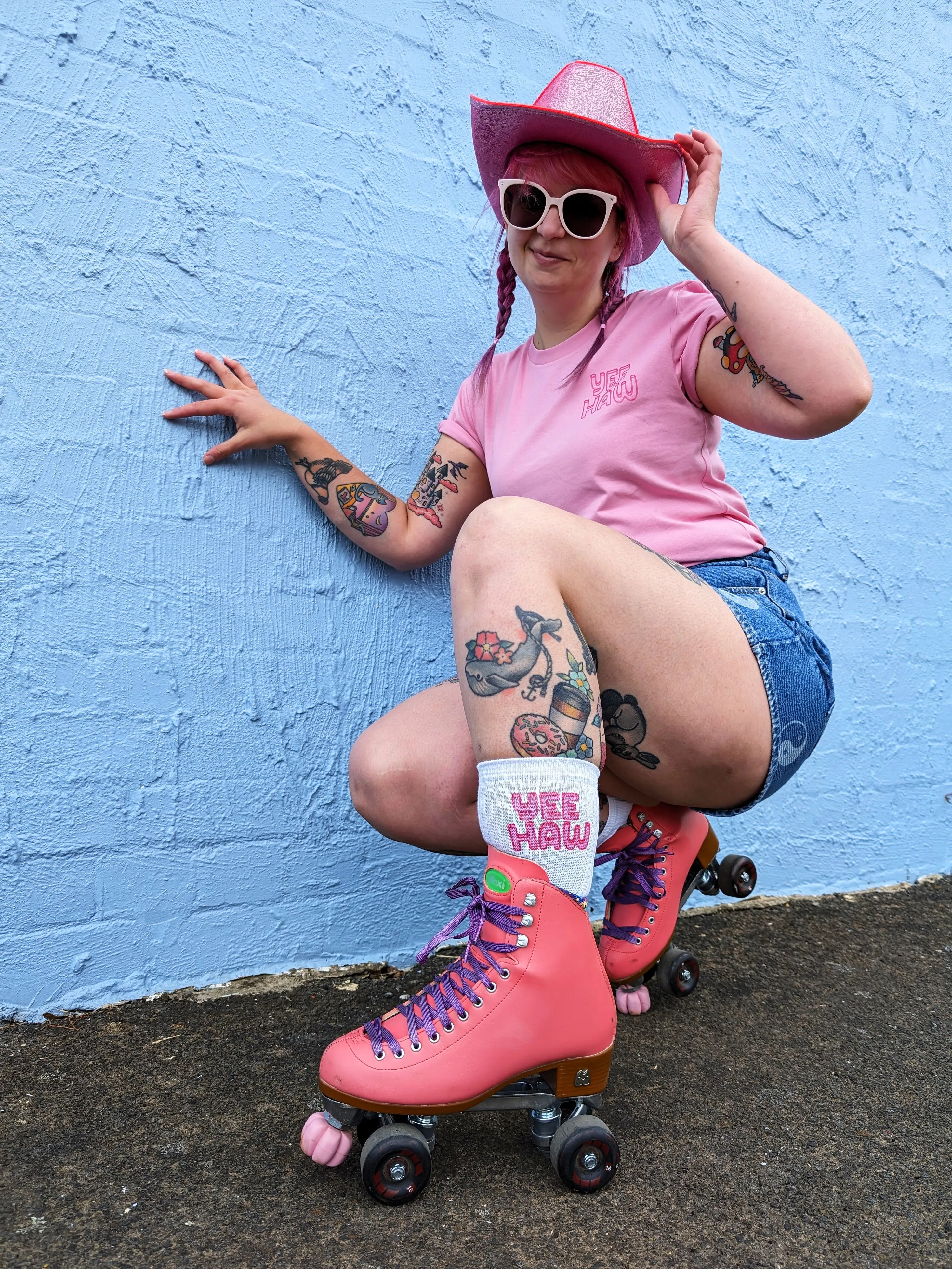 Yee Haw Rollerskate Cowboy Tee - AS Colour Bubble Gum Pink Shirt